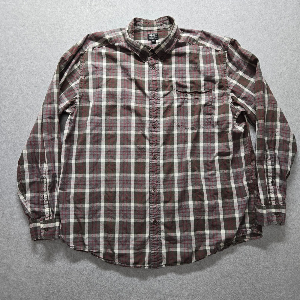 Filson Mens XXL Plaid Button Down Shirt Long Sleeve Cotton Olive Green Red